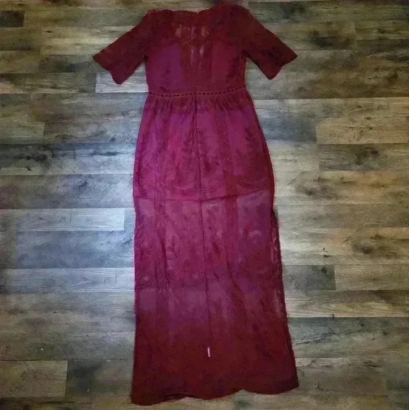 Burgundy Lace Low Cut Maxi Romper Dress Size Small - Picture 5 of 10